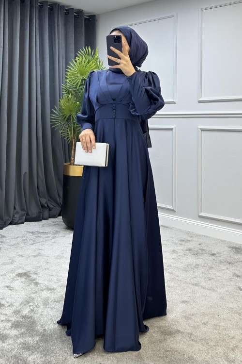 Düğmeli Saten Abiye Lacivert