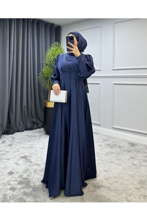 Düğmeli Saten Abiye Lacivert