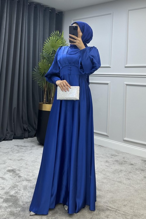 Düğmeli Saten Abiye Saks