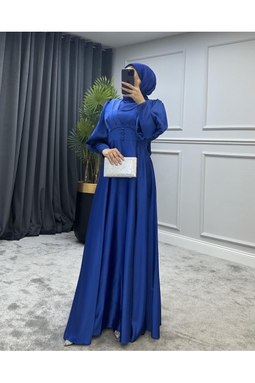 Düğmeli Saten Abiye Saks