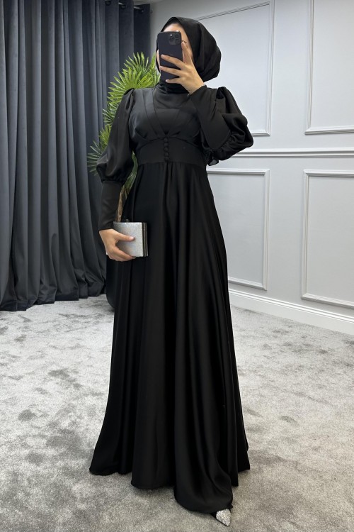 Düğmeli Saten Abiye Siyah