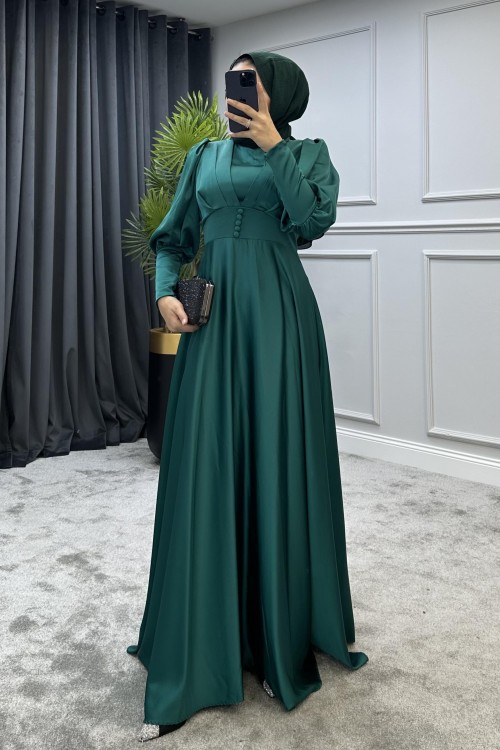 Düğmeli Saten Abiye Zümrüt