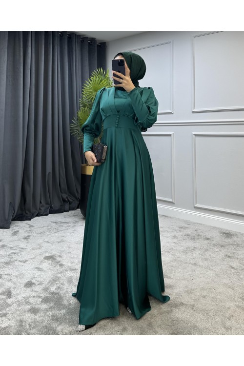 Düğmeli Saten Abiye Zümrüt