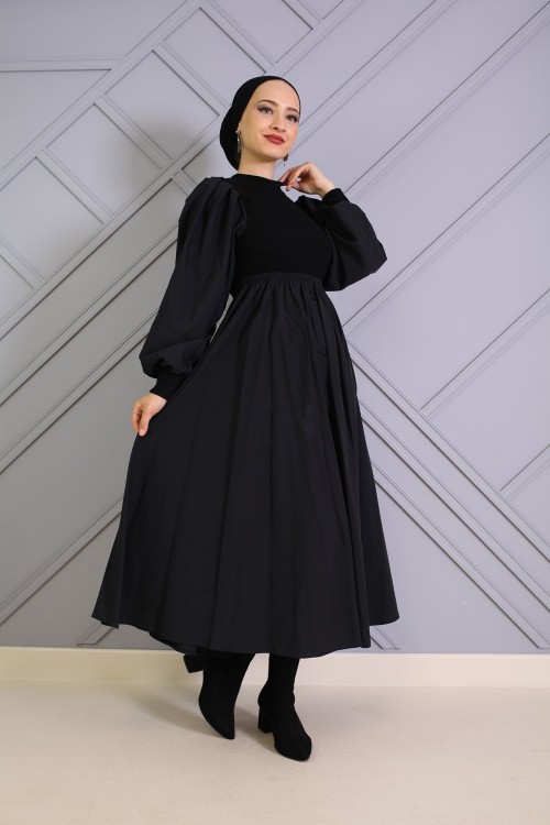 Düğmeli Tesettür Elbise Siyah
