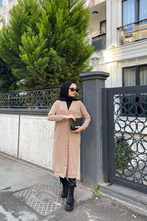 Düğmeli Uzun Hırka SütlüKahve