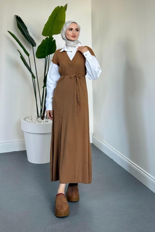 Edoril Triko Gömlek Elbise Camel