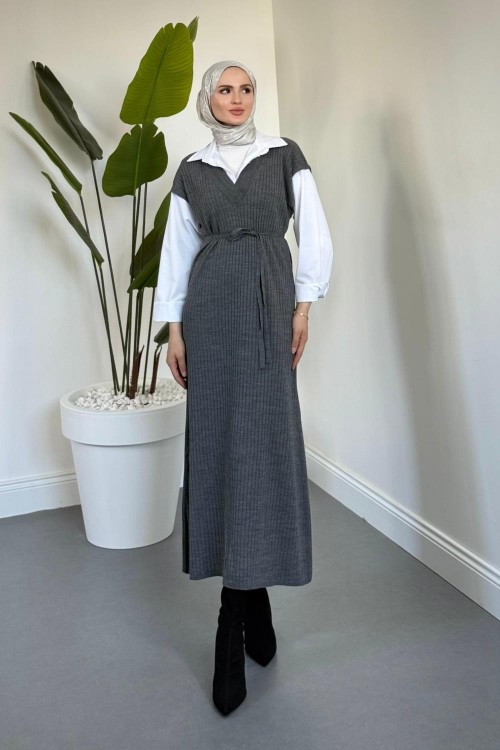 Edoril Triko Gömlek Elbise Gri