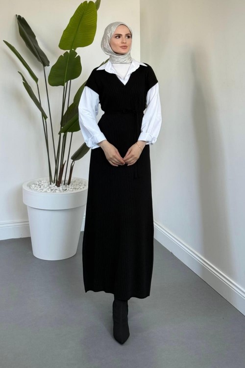 Edoril Triko Gömlek Elbise Siyah