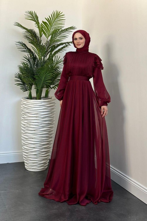 Efnan Omzu Fırfır Janjan Abiye Bordo