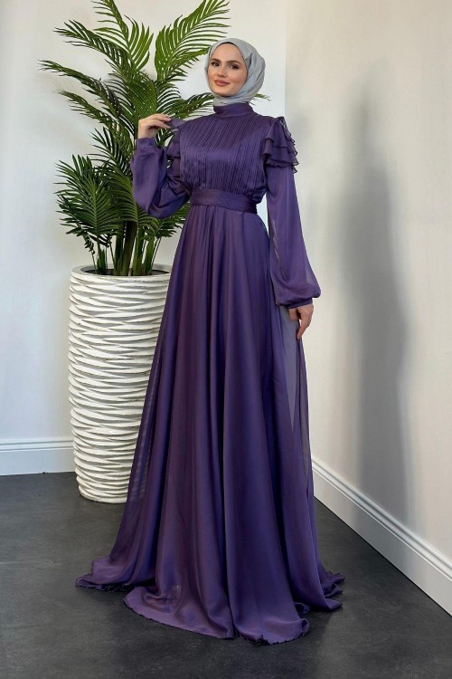 Efnan Omzu Fırfır Janjan Abiye Lila