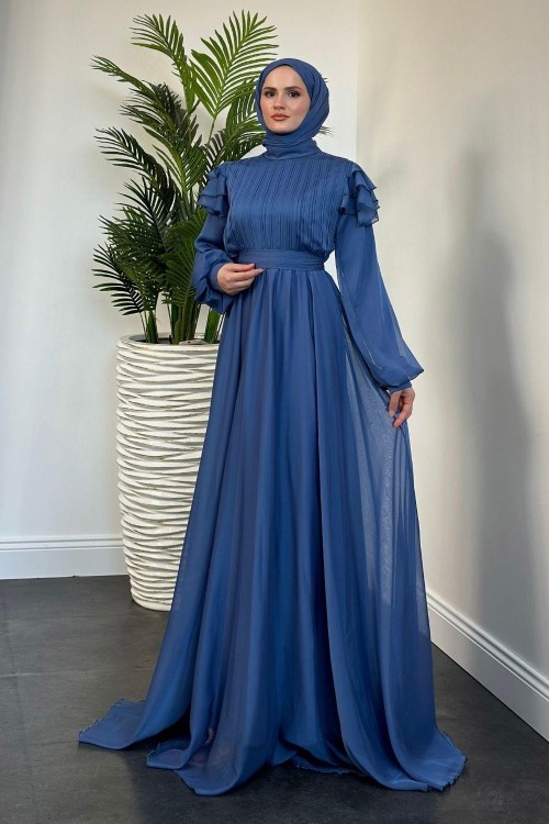 Efnan Omzu Fırfır Janjan Abiye Mavi