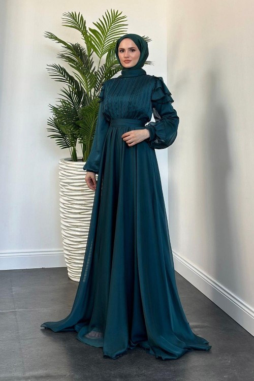 Efnan Omzu Fırfır Janjan Abiye Zümrüt