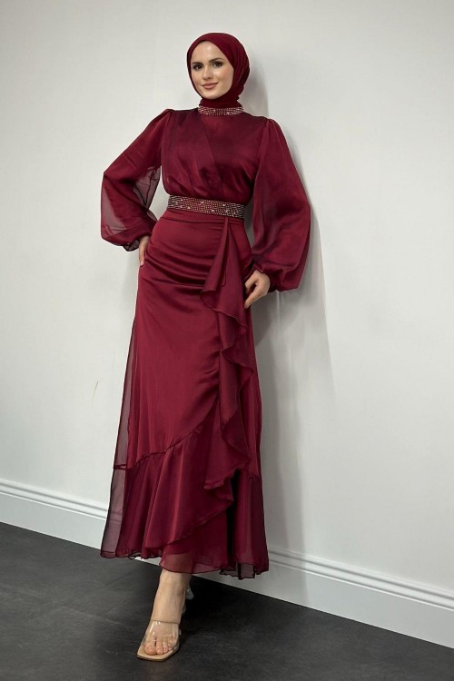 Efruz Janjan Önü Fırfır Abiye Bordo