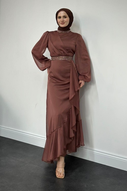 Efruz Janjan Önü Fırfır Abiye Kahverengi