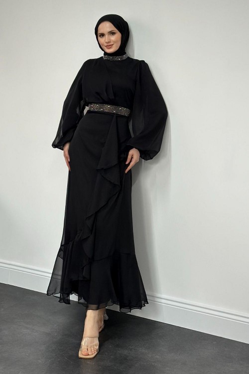 Efruz Janjan Önü Fırfır Abiye Siyah