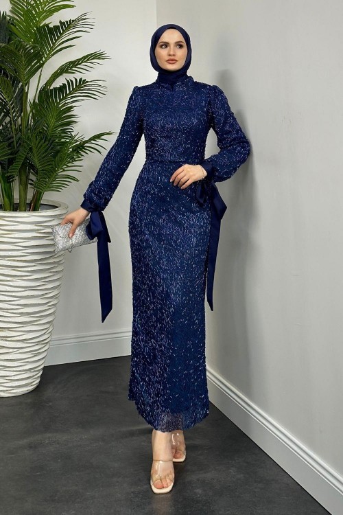 Eldon Boncuk İşleme Abiye Saten Lacivert
