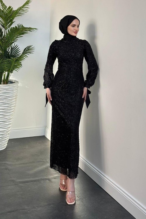 Eldon Boncuk İşleme Abiye Saten Siyah