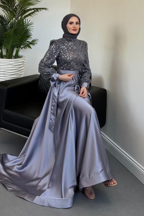 Elena Üstü Payetli Saten Abiye Füme