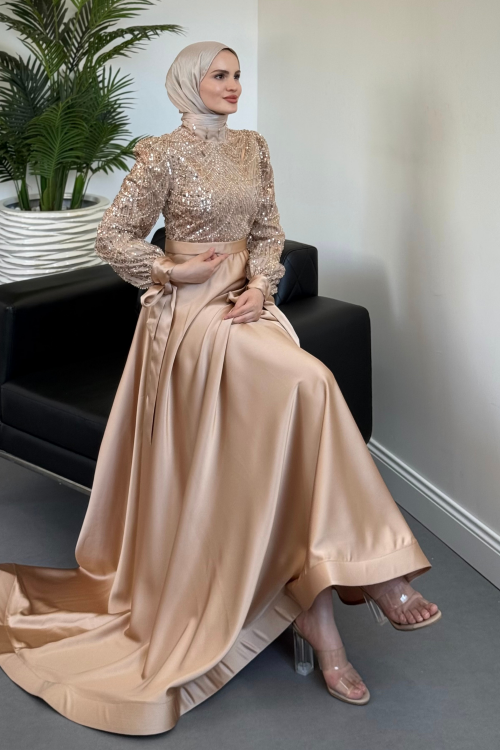 Elena Üstü Payetli Saten Abiye Gold