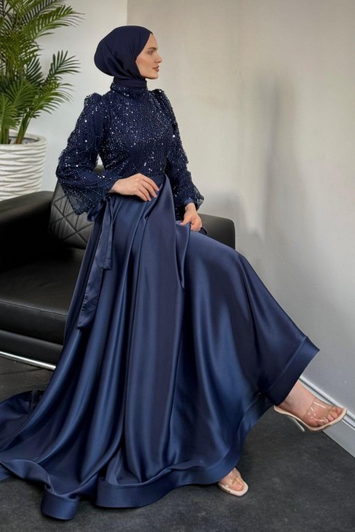 Elena Üstü Payetli Saten Abiye Lacivert