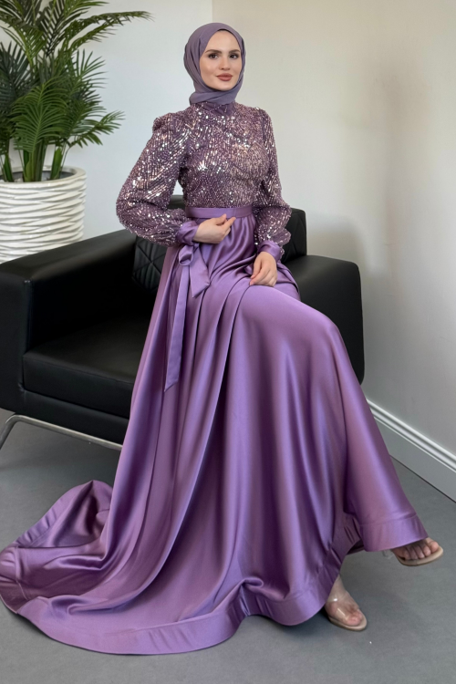 Elena Üstü Payetli Saten Abiye Lila
