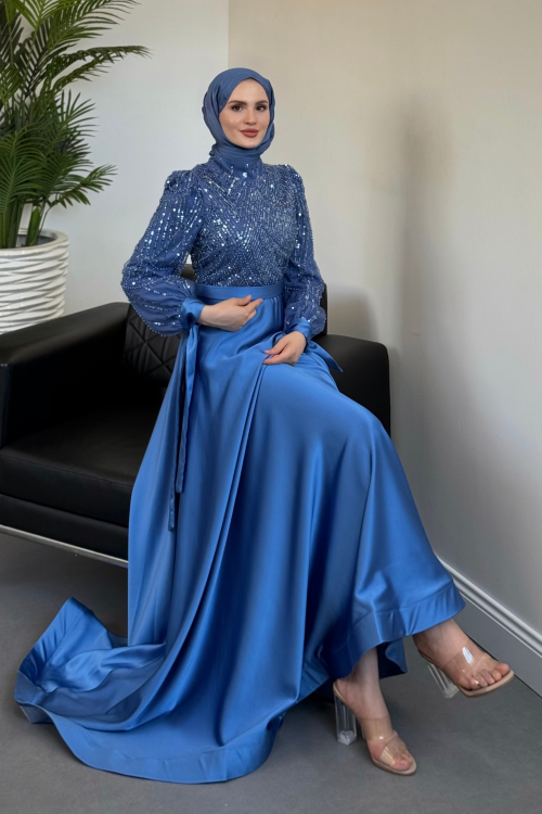 Elena Üstü Payetli Saten Abiye Mavi