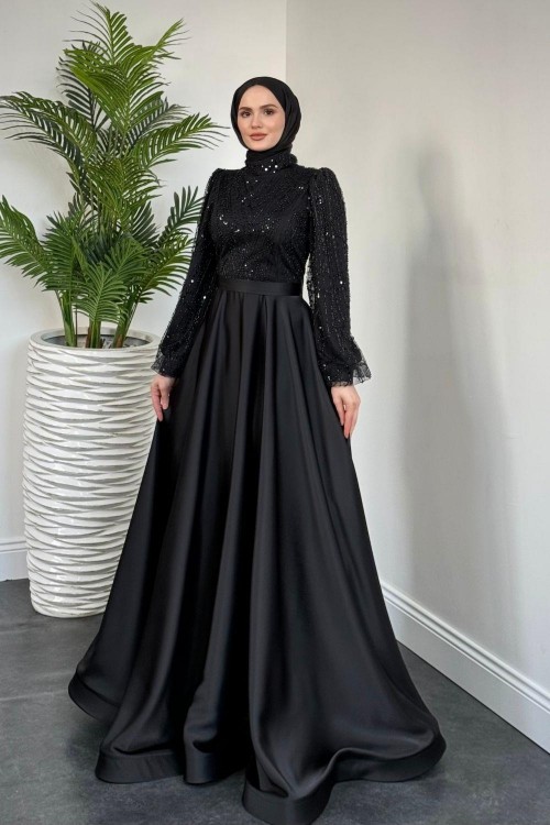 Elena Üstü Payetli Saten Abiye Siyah