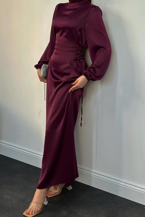 Elenor Belden Bağlamalı Saten Tesettür Elbise Mürdüm
