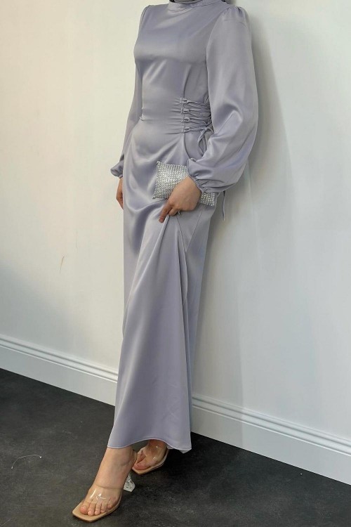 Elenor Belden Bağlamalı Saten Tesettür Elbise Gri