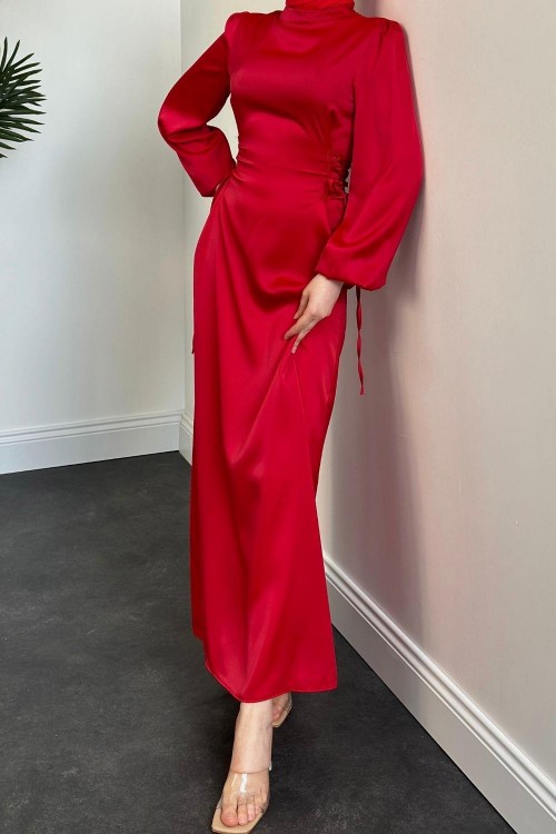 Elenor Belden Bağlamalı Saten Tesettür Elbise Kırmızı
