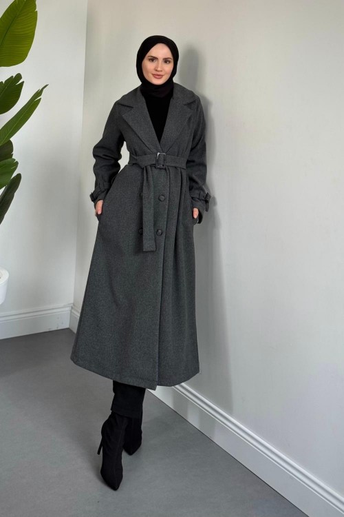 Eliane Astarlı Kemerli Kaşe Kaban Füme 