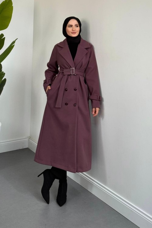 Eliane Astarlı Kemerli Kaşe Kaban Leylak