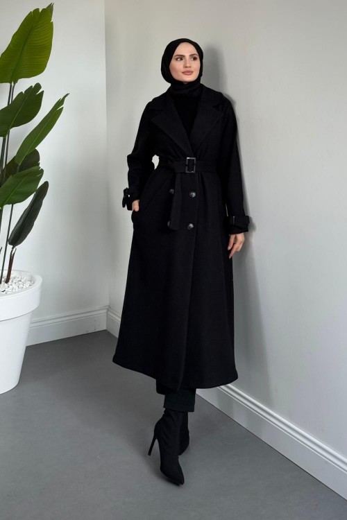 Eliane Astarlı Kemerli Kaşe Kaban Siyah