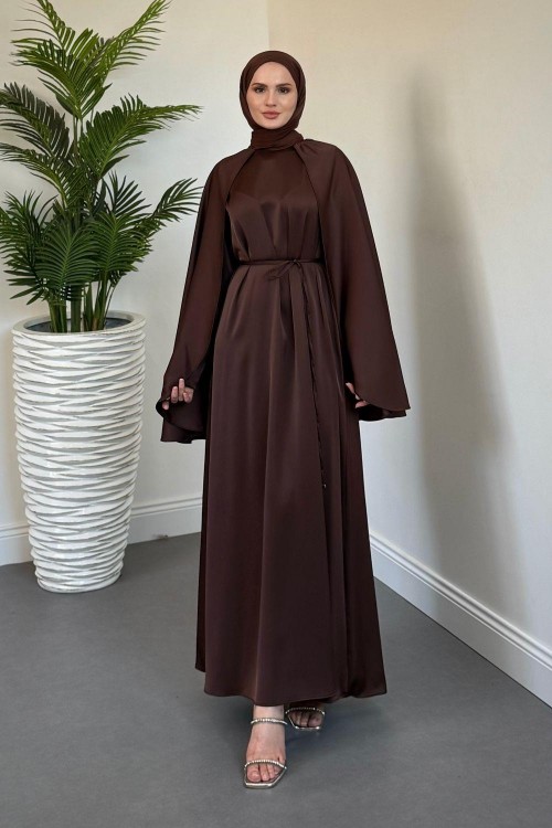 Elior Pelerinli Saten Abiye Kahverengi