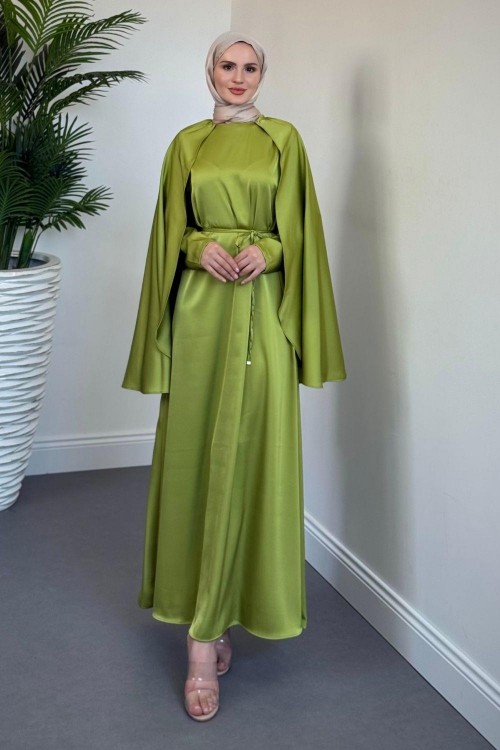 Elior Pelerinli Saten Abiye Yağ Yeşili