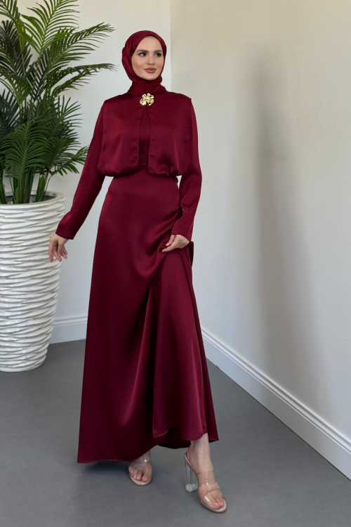 Elizan Tokalı Saten Abiye Bordo(TOKASIZDIR)