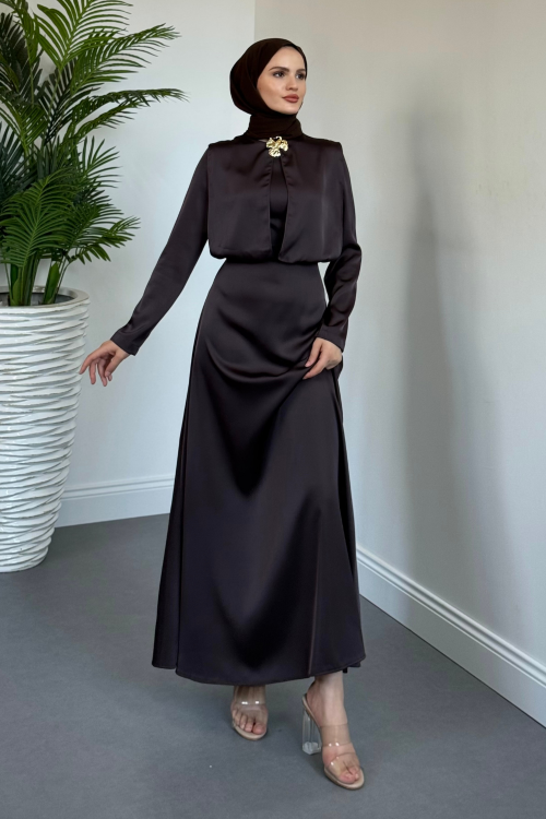 Elizan Tokalı Saten Abiye Çikolata Kahve(TOKASIZDIR)