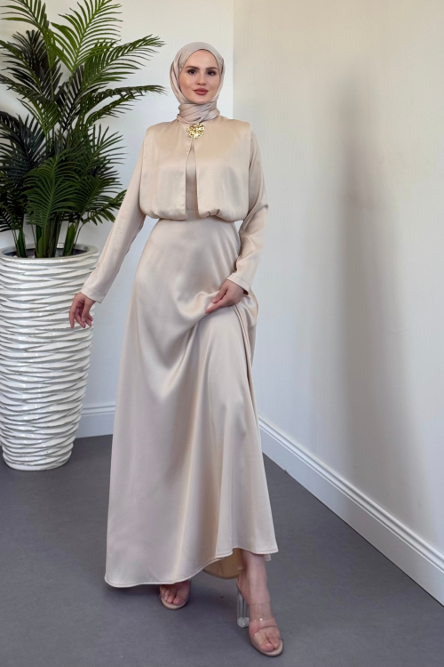 Elizan Tokalı Saten Abiye Krem(TOKASIZDIR)