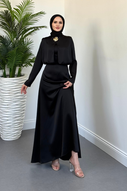 Elizan Tokalı Saten Abiye Siyah(TOKASIZDIR9