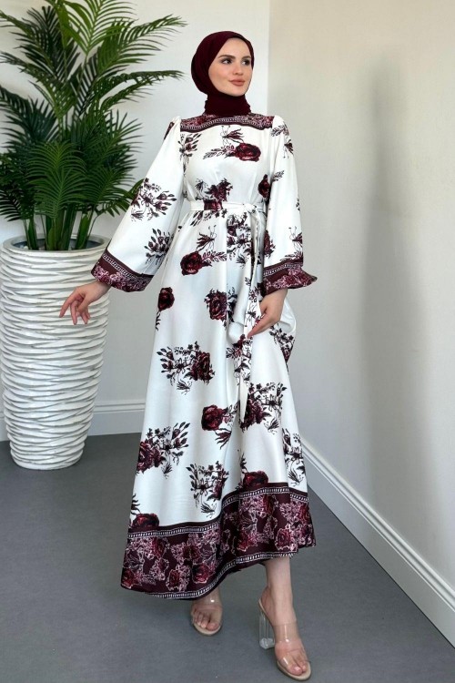 Ellarose Saten Elbise Bordo