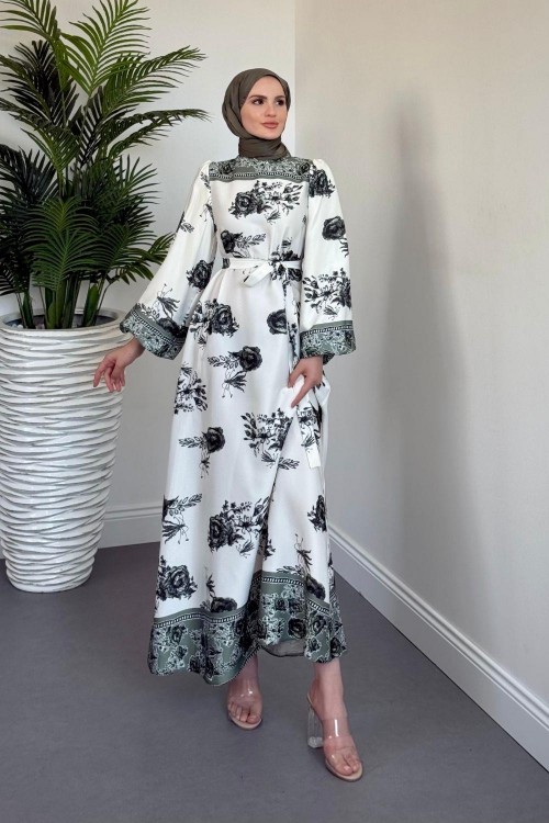 Ellarose Saten Elbise Haki