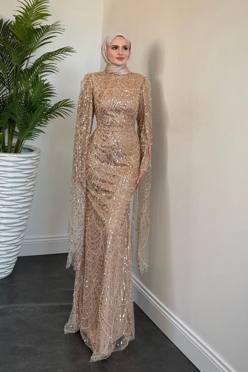 Eloria Pelerinli Boncuk İşlemeli Abiye Vizon