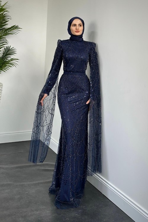 Eloria Pelerinli Boncuk İşlemeli Abiye Lacivert