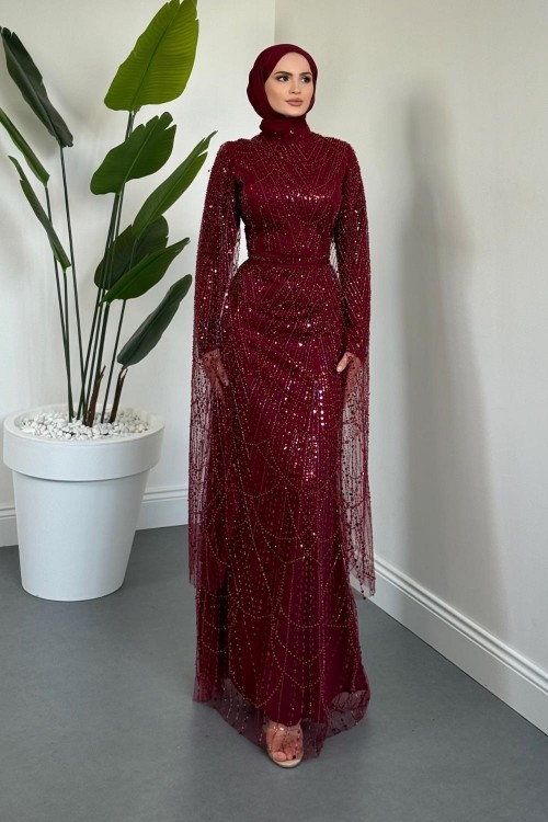 Eloria Pelerinli Boncuk İşlemeli Abiye Bordo