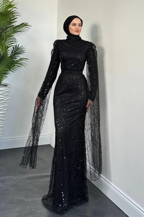 Eloria Pelerinli Boncuk İşlemeli Abiye Siyah