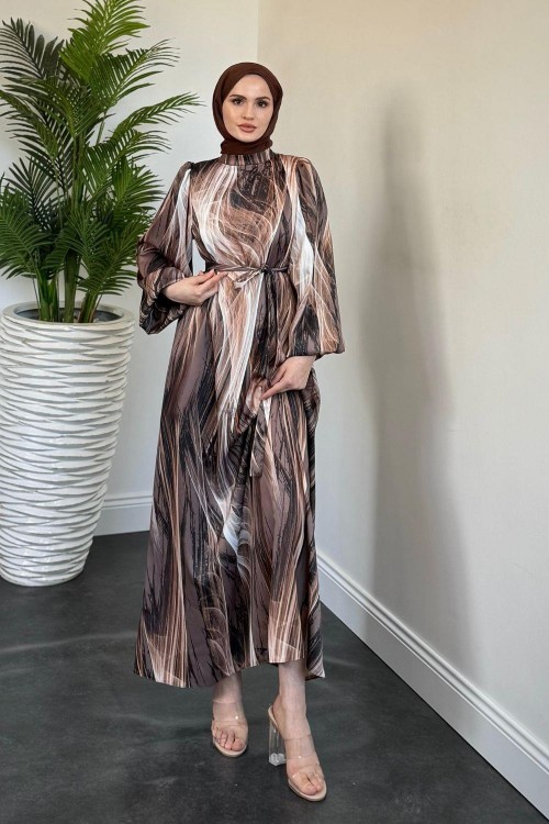 Elsa Desenli Saten Elbise Kahverengi