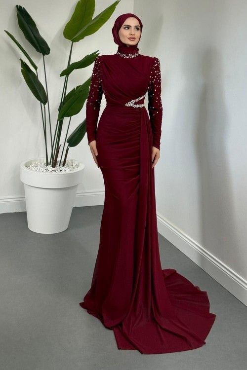 Elvira Taş Detaylı Tül  Abiye Bordo