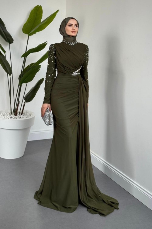 Elvira Taş Detaylı Tül  Abiye Haki