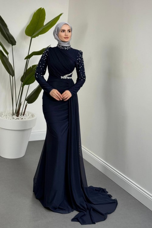 Elvira Taş Detaylı Tül  Abiye Lacivert