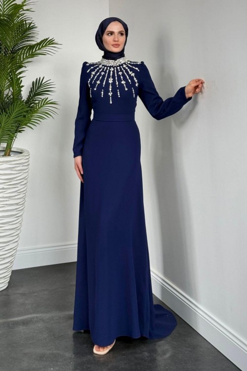 Emanuela Kuyruklu Krep Abiye Lacivert